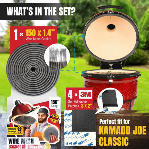 Fiberglass Gasket Replacement Kit For Kamado Joe Classic And Big Green Egg, 150 Inch Wire Mesh Gasket Set shown with grill.