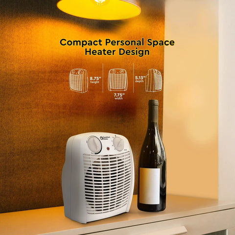 Dual Watt Personal Heater With 750 And 1500 Watts, Fast Warmth, Adjustable Thermostat on desk next to wine bottle