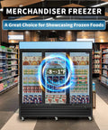 Heavy Duty 70 Cubic Foot Commercial Freezer With Swinging Glass Doors And Led Top Panel Upright Reach In Merchandiser Cabinet in a store aisle