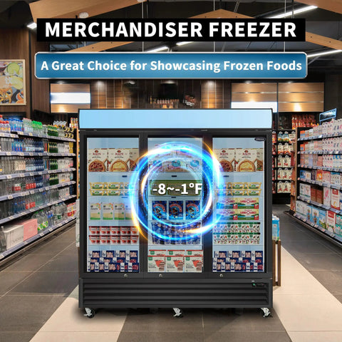 Heavy Duty 70 Cubic Foot Commercial Freezer With Swinging Glass Doors And Led Top Panel Upright Reach In Merchandiser Cabinet in a store aisle