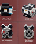 JIAXINPRO 2HP air compressor motor with 5/8 in keyed shaft, NEMA 56 frame, dual voltage 115/230V, overload protector