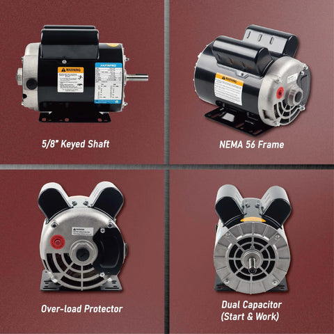 JIAXINPRO 2HP air compressor motor with 5/8 in keyed shaft, NEMA 56 frame, dual voltage 115/230V, overload protector