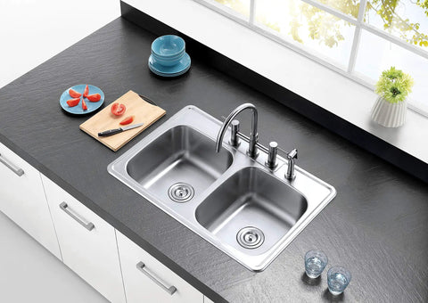 33 Inch Self-Rimming Double Bowl Kitchen Sink In Brushed 304 Grade Stainless Steel, 22 Gauge, Installed in Countertop