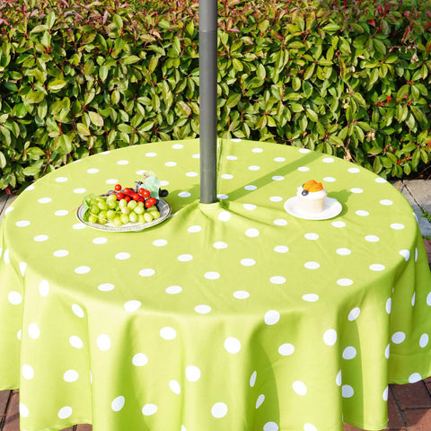60 Inch Round Outdoor Tablecloth With Umbrella Hole And Zipper, Waterproof Heavy Duty Oxford Fabric, Green Polka Dot on Table