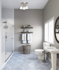 Bathroom interior with Garden District Decorative Bathroom Ventilation Exhaust Fan With Light In Brushed Nickel, ceiling view.