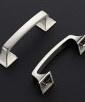 Solid 3 Inch Square Arch Cabinet Pulls In Matte Black 25 Pack Big Drawer Handles For Kitchen And Bath Easy Install With 3 Inch Center To Center Holes Built To Last And Ready To Level Up Your Dresser Or Cabinet in brushed finish on black surface.