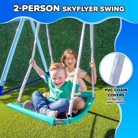 Children enjoying 2-person swing on 7-In-1 Metal Swing Set With 3 Swings, Climbing Net And Ladder, Basketball Hoop, 700 Lb Capacity.