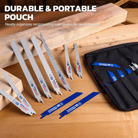 WORKPRO 32-piece reciprocating saw blade set for metal and wood cutting with organizer pouch