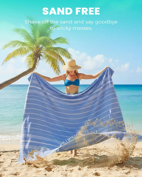 Person shaking Oversized Boho Turkish Beach Towel Blanket Quick Dry Sand Free Jumbo Outdoor Picnic Mat Extra Large XL Navy