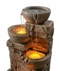 Outdoor Water Fountain With Led Lights, Cascading Bowls And Stacked Stone Look, Freestanding Floor Fountain, Brown Polyresin