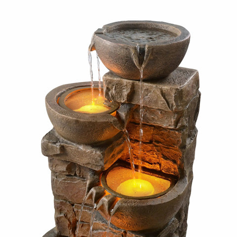 Outdoor Water Fountain With Led Lights, Cascading Bowls And Stacked Stone Look, Freestanding Floor Fountain, Brown Polyresin