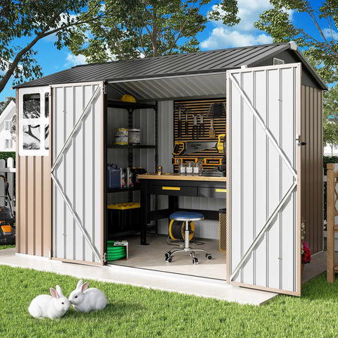 8x6Ft Outdoor Storage Shed With Clear Windows, Lockable Doors, Breathable Vent, Metal Garden Tool Shed, Brown, open view