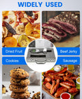 Portable Water Activity Meter For Food Testing With Software And USB Data Ultra Lightweight Under 100 Grams Ideal For On The Go Jerky And Freeze Dried Foods Delivers Accurate Readings From Zero To One Point Zero Aw displayed with dried fruit, beef jerky, cookies, and sausage.