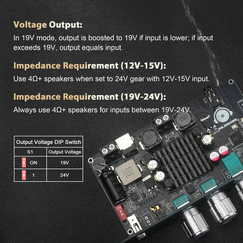 100W Mono Bluetooth 5.3 Amplifier Board With TWS Pairing, TPA3116D2 Digital Power Amp Module, AUX USB Bluetooth Input shown with voltage settings