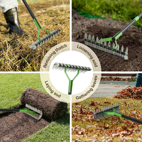 Dual Action Dethatcher Rake With 21 Long Tines On One Side And 55 Inch Adjustable Handle for soil loosening and lawn maintenance