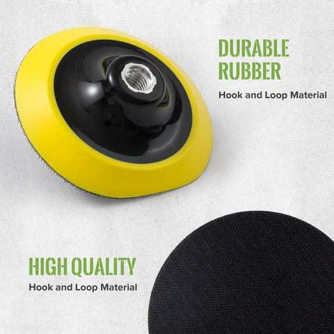 Rugged Five Inch Hook And Loop Sanding Pads With 5 8 11 Screw Thread And Cushioned Foam Backing For Angle Grinders and Power Drills showing durable rubber backing.