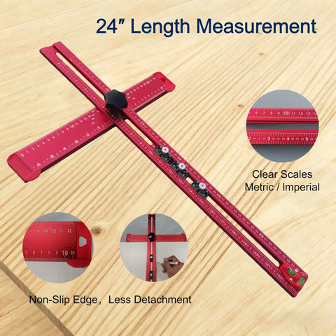 5-In-1 T Square Ruler 24 Inch Portable Drill Alignment Tool displayed on wood surface, showing clear metric and imperial scales.