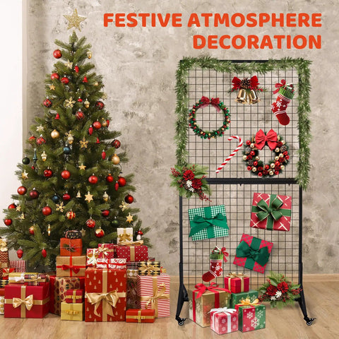 Two Pack Hella Durable Rolling Wire Grid Wall Panels Featuring Twenty Straight Up Sturdy Hooks For Retail Shops Craft Fairs Mobile Vendor Booths And Weekend Markets In Black displaying festive decorations and gifts.
