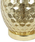 Close-up of honeycomb faceted Ombra Gold Mercury Glass base of Set of 2 Fletcher Glass Genie Table Lamps in Ombra Gold Mercury Glass With White Lamp Shades, Honeycomb Faceted Glass and Metal Base, 8W LED Bulbs Included, Classic Elegant Living Room Lighting For Dope Vibe.