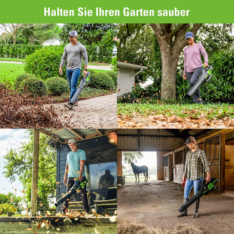 People using 60-Volt Max Cordless Leaf Blower With 610 CFM Gen2 Brushless Motor outdoors. Suitable for yards and stables.