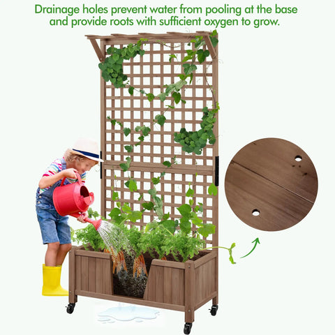 72 Inch High Horticulture Garden Planter With Trellis For Vine Climbing Plants Raised Outdoor Bed With Drainage Holes Durable Fir Wood Construction Sturdy As Heck Dark Brown Weatherproof Planter Box For Flowers, child watering plants.