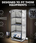 Mushroom Grow Tent With 6500K LED Light And Timer, Four Tier Shelves Fit Up To Eight Monotubs, showing integrated equipment setup