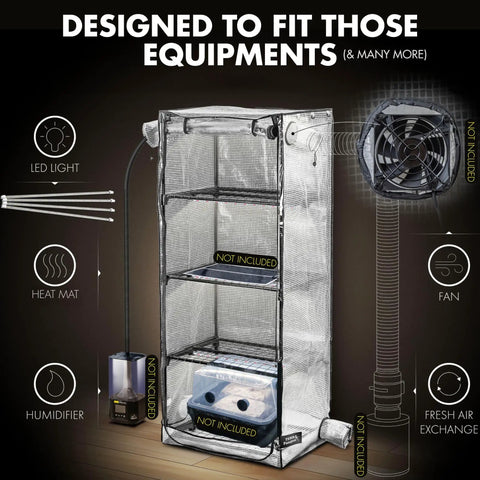 Mushroom Grow Tent With 6500K LED Light And Timer, Four Tier Shelves Fit Up To Eight Monotubs, showing integrated equipment setup