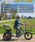FAM01 Electric Tricycle For Adults With Basket And Two Seater Peak 1500W Motor 20 Inch Fat Tire Three Wheel E Bike 48V 18Ah Removable Battery Pedal Assist Rear Differential 75 Plus Mile Range adult rider side view with dimensions shown