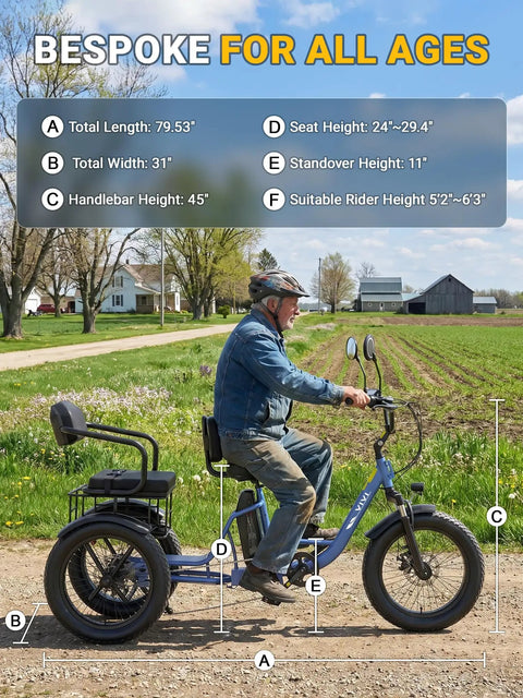 FAM01 Electric Tricycle For Adults With Basket And Two Seater Peak 1500W Motor 20 Inch Fat Tire Three Wheel E Bike 48V 18Ah Removable Battery Pedal Assist Rear Differential 75 Plus Mile Range adult rider side view with dimensions shown