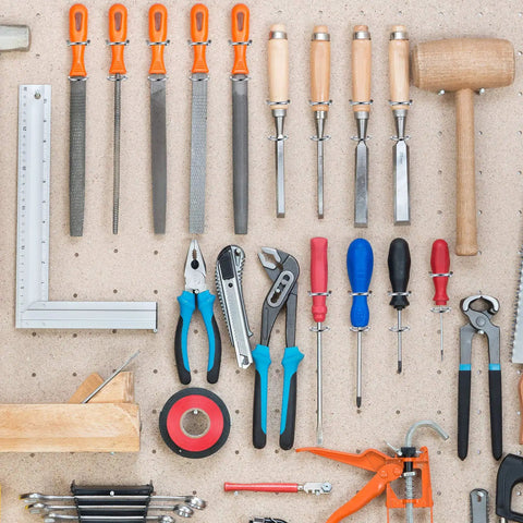 12 Piece Screwdriver Organizer Set With Double Ring Tool Holders For Pegboard Hooks displaying various tools on pegboard