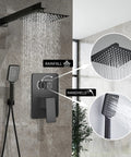 Matte Black Rain Shower Head And 8 Inch Square Shower System With 3 Setting Handheld Spray Wall Mounted Faucet Set For A Dope Spa Quality Bathroom Upgrade Experience, showing rainfall and handheld spray features.