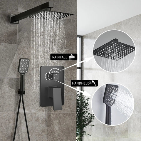 Matte Black Rain Shower Head And 8 Inch Square Shower System With 3 Setting Handheld Spray Wall Mounted Faucet Set For A Dope Spa Quality Bathroom Upgrade Experience, showing rainfall and handheld spray features.