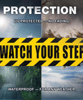 Caution Floor Decals 10x3 Inches Yellow Reflective Stickers For Steps Waterproof Self Adhesive Signage Watch Your Step With Bold Black Lettering And Diagonal Stripes Two Pack displayed with weather protection features.