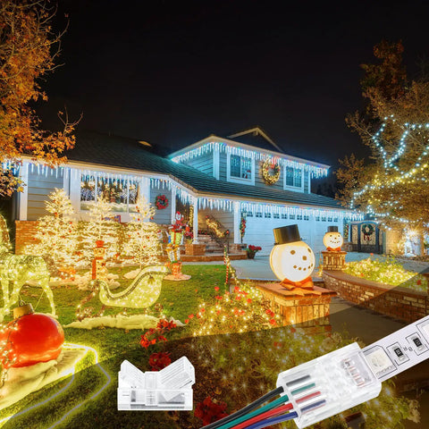 Festive house with holiday lights using 10 Pack Solderless LED Strip Connectors With 16.4 Ft Extension Cable For Easy LED Light Install.