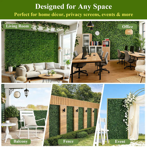 28 Pack Artificial Grass Wall Panels 10x10 Inch Faux Boxwood Privacy Screen UV Resistant for indoor outdoor DIY setup in various settings