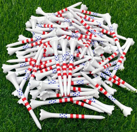 Pile of USA Stars And Stripes American Flag Plastic Golf Tees Pack Of One Hundred Three And One Quarter Inch Durable Tees With Red Stripes.