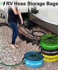 RV Storage And Organization Bags 4 Pack Black Blue Yellow Green Waterproof Organizer for hoses and cords by a camper