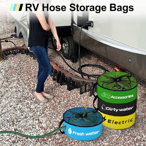 RV Storage And Organization Bags 4 Pack Black Blue Yellow Green Waterproof Organizer for hoses and cords by a camper