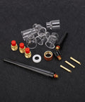 Go To Welding Glass Cup Nozzle Kit For WP9 20 Argon Torch, glass and brass nozzles with 2mm mouth on black background