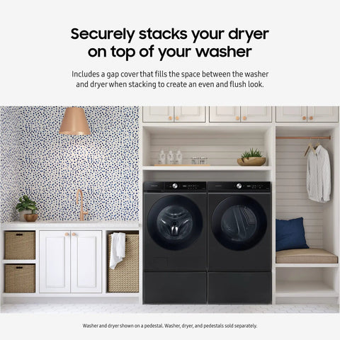 Bespoke Front Load Washer And Dryer Stacking Kit With Gap Cover No Fuss Space Saving Laundry Stack All Parts Included SKK-9MCV Brushed Black Fits In Tight Spaces installed in a modern laundry room.
