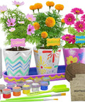 Paint And Plant Stoneware Flower Garden Kit For Kids 6 To 12, Paint Pots, Tray, Markers, And Plant Marigolds Cosmos And Zinnias