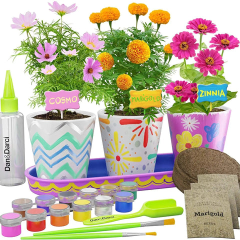 Paint And Plant Stoneware Flower Garden Kit For Kids 6 To 12, Paint Pots, Tray, Markers, And Plant Marigolds Cosmos And Zinnias