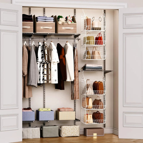 3 Tier Foldable Closet Organizer With Wall Mount And Cabinet Storage Bins, Includes 5 S Hooks, Space Saving Clothes Shelves For Shirts, Sweaters, Shoes, Handbags And Accessories In White Patent Design installed in closet with clothes and bags.