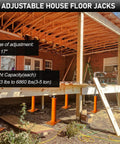 Adjustable Basement Floor Jack Posts, 2 Pack, 11 to 17 Inch Screw Post Supports installed under a house for stabilization.