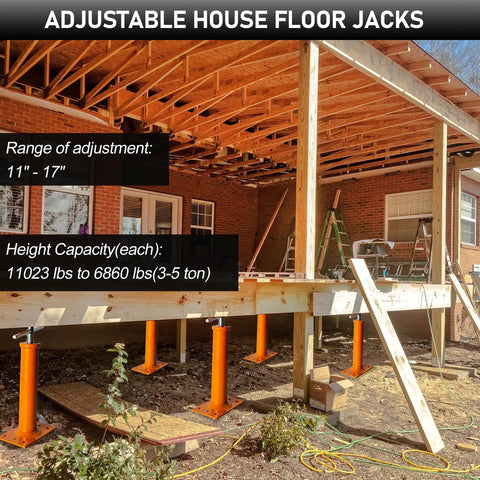 Adjustable Basement Floor Jack Posts, 2 Pack, 11 to 17 Inch Screw Post Supports installed under a house for stabilization.