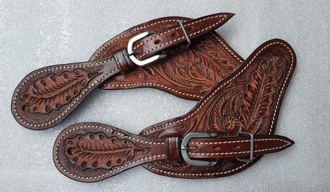 Oakleaf Tooled Leather Spur Straps For Adults With Hardware And Buckle Brown Horse Tack