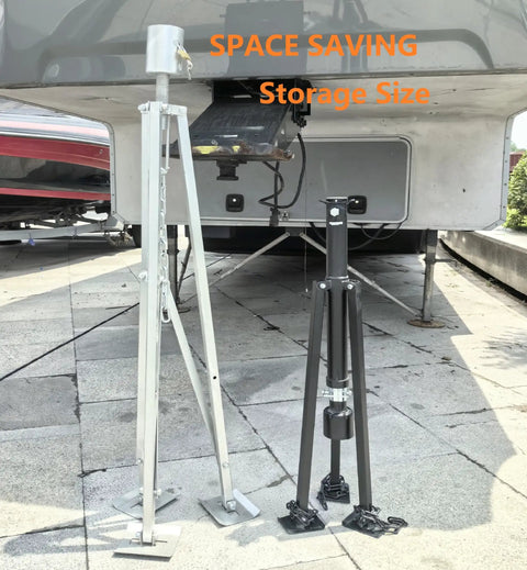 King Pin Tripod Stabilizer Jack For 5th Wheel RV, Drill-Adjustable, 5000 Lb Load Capacity, showing compact storage size.