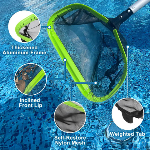 Ultimate Pool Cleaning Kit With 10.5 Foot Pole For Easy Debris Removal Includes Heavy Duty 17.5 Inch Round Net Brush Rotatable Scrub Brush And Corner Cleaning Accessory For Quick Pool Maintenance. green nylon pool net with aluminum frame in water