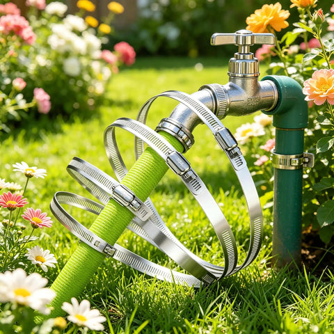 Rock Solid Six Pack Of 12 Inch Stainless Steel Hose Clamps That Are Heavy Duty And Perfect For Fixing Large Dryer Vents Or Intercoolers While Handling Automotive Plumbing Repairs With Total Ease. Shown on a garden hose