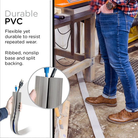 10ft Floor Cord Cover Cable Protector Heavy Duty Cord Hider for Home and Office Snag Free Low Profile Gray Hide Extension Cords Prevent Trips and Keep Cables Neat shown in workshop with person in jeans
